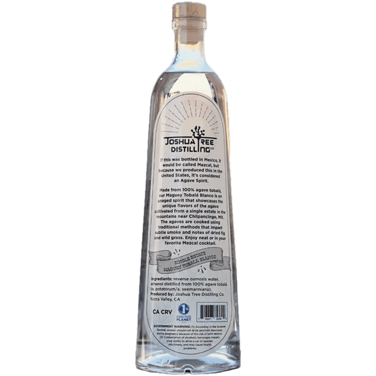 Bottle of Joshua Tree Maguey Tobala Blanco Mezcal with detailed back label showcasing its unique flavors.