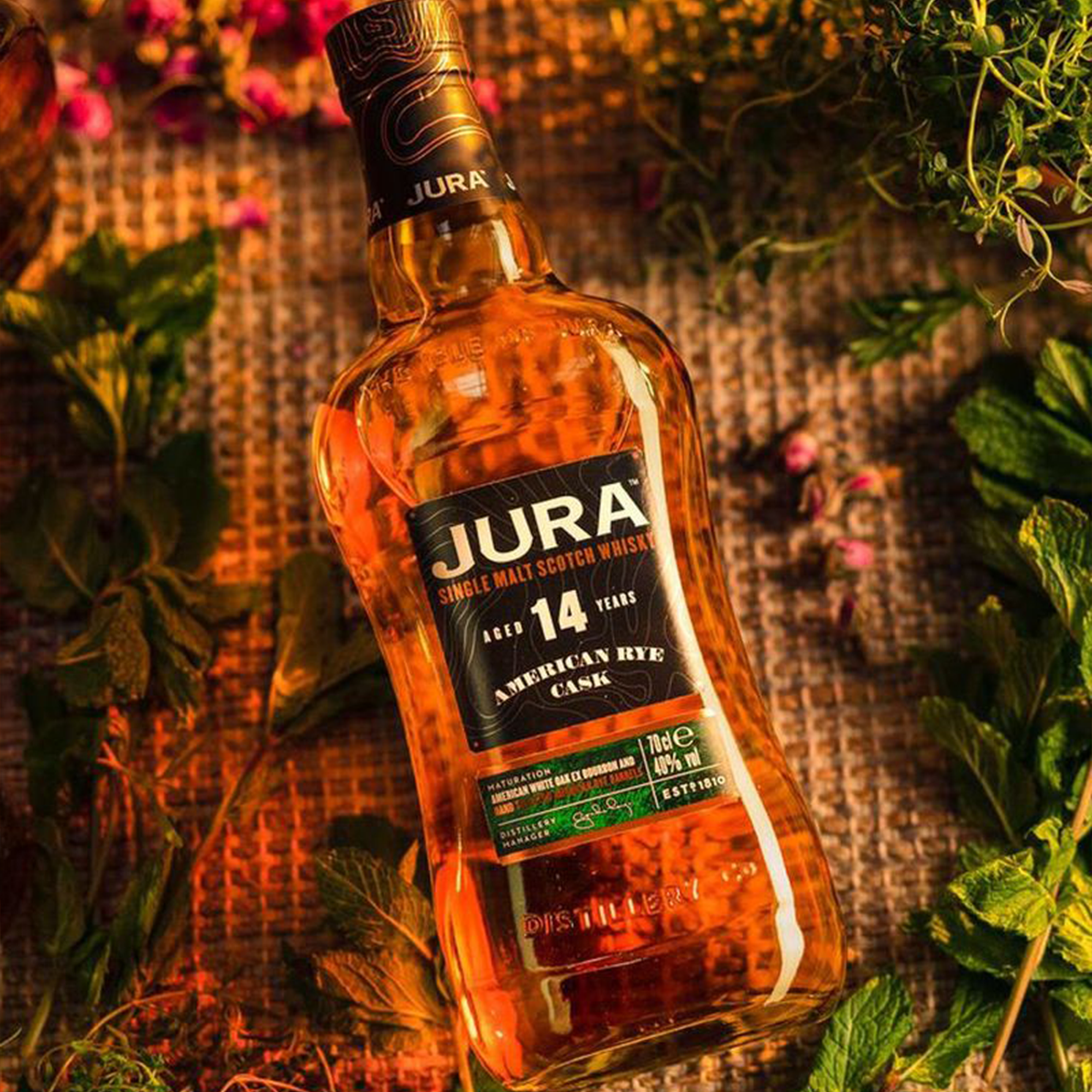 Bottle of Jura 14 Year American Rye Cask whiskey surrounded by fresh herbs and flowers on a textured surface.