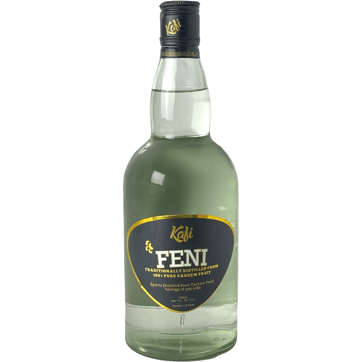 Kafi Cashew Feni Brandy bottle showcasing Goa's unique spirit, distilled from ripe cashew apples.