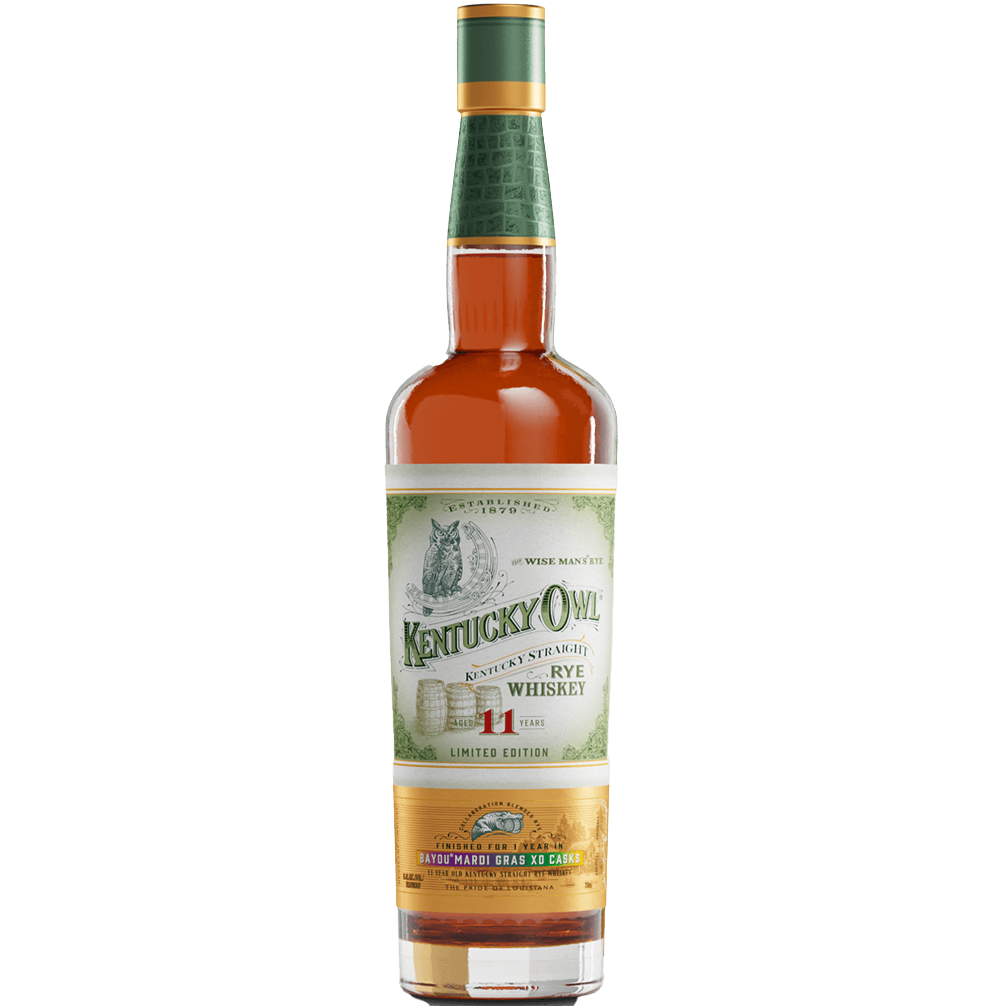 Kentucky Owl Mardi Gras XO Casks limited edition rye whiskey bottle, aged 11 years, celebrating Louisiana's Mardi Gras spirit.