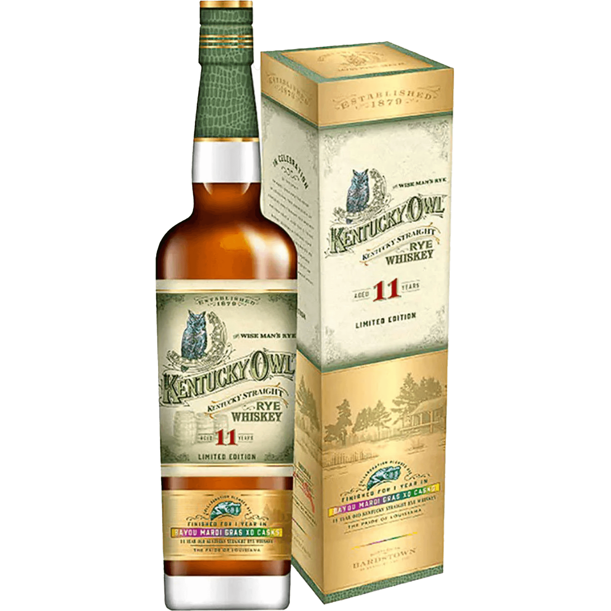 Kentucky Owl Mardi Gras XO Casks Limited Edition Rye Whiskey bottle and box, aged 11 years, 102.8 proof.