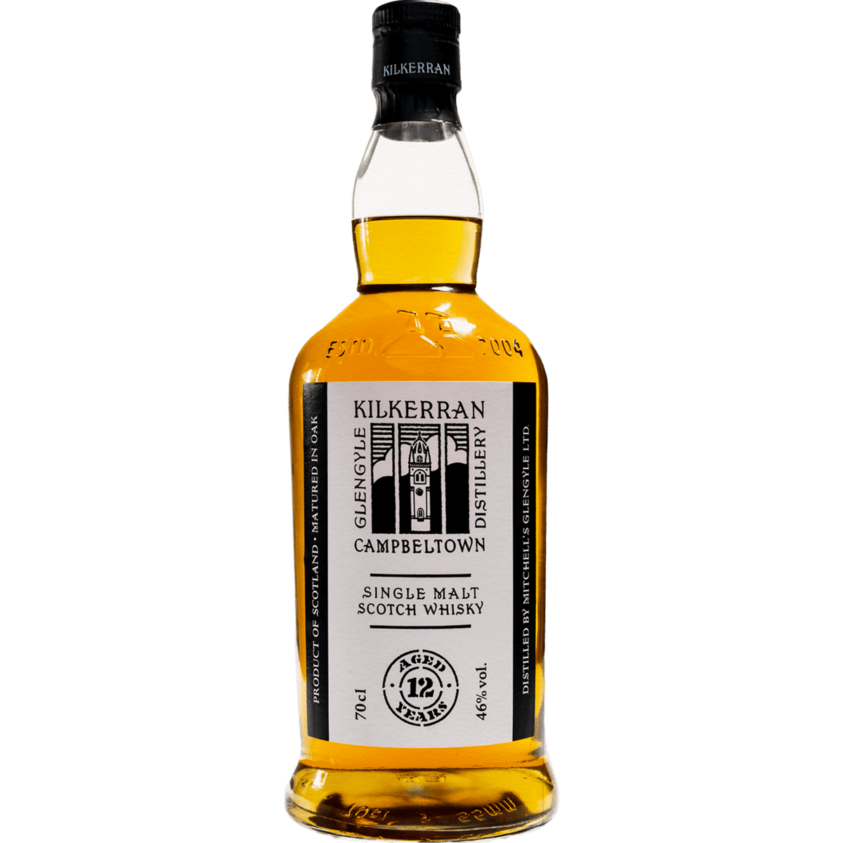 Kilkerran 12 Year Single Malt Scotch Whisky bottle, lightly peated with citrus notes, 46% ABV.