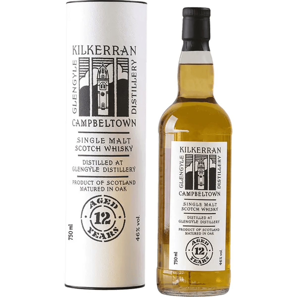 Kilkerran 12 Year Single Malt Scotch in bottle with packaging, showcasing light peat and citrus notes, 46% ABV.