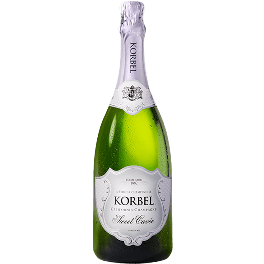 Korbel Sweet Cuvée California champagne bottle with elegant design showcasing its fruit-forward style.