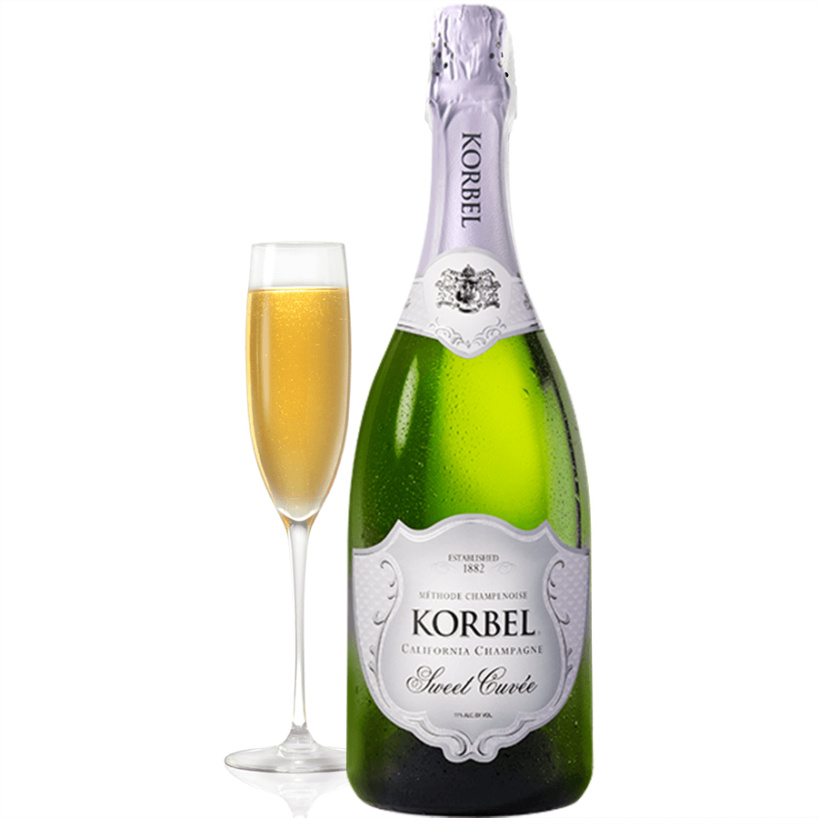 Korbel Sweet Cuvée California champagne bottle with flute, featuring bright citrus and tropical fruit notes, méthode champenoise.