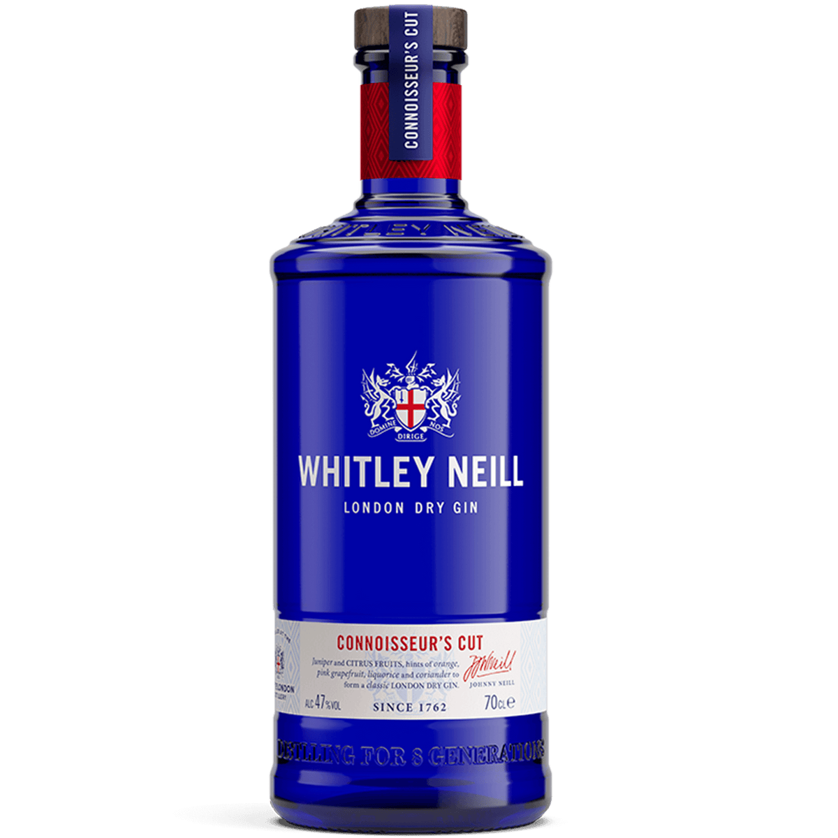 Whitley Neill Connoisseur's Cut London Dry Gin bottle showcasing its vibrant blue design and elegant label.