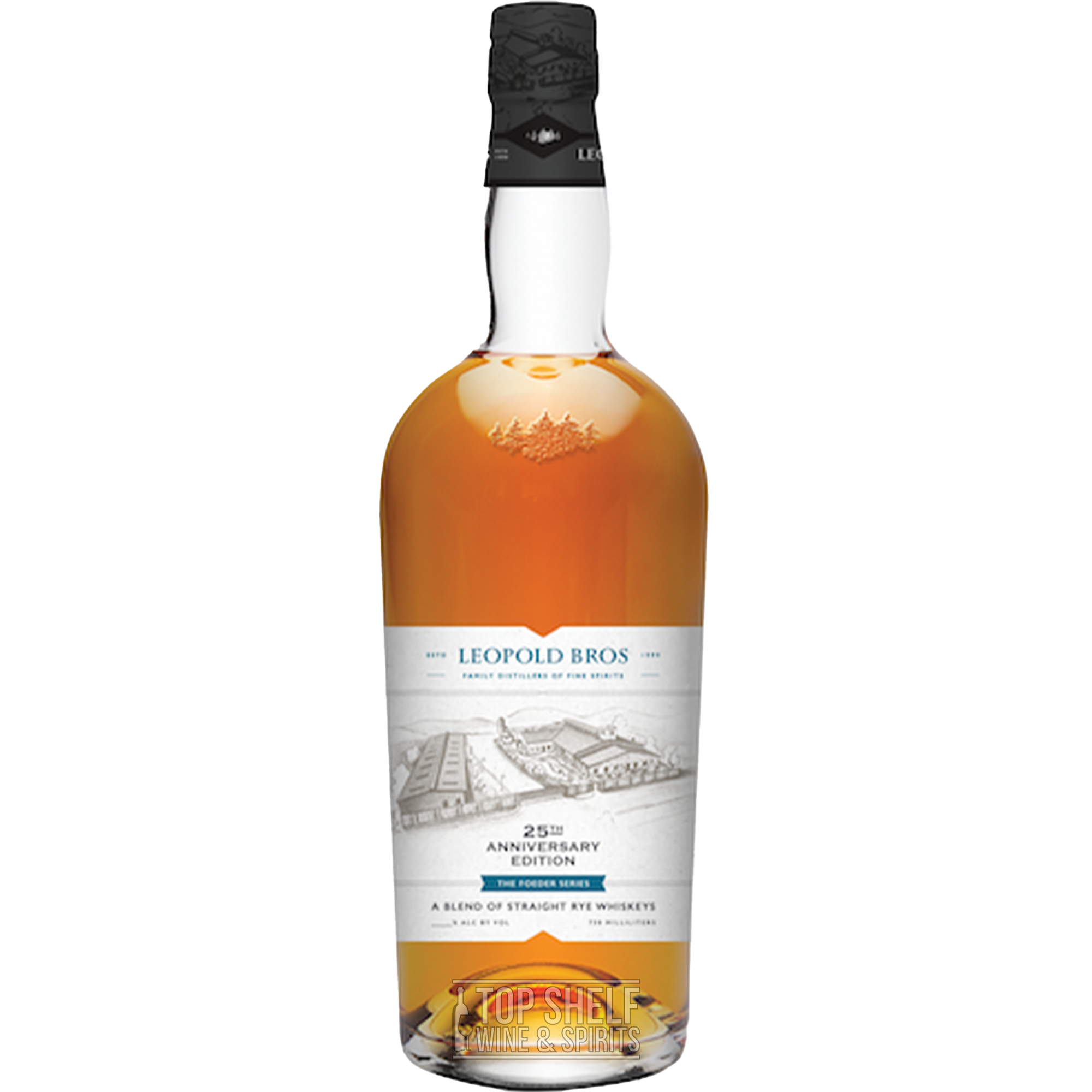 Leopold Bros 25th Anniversary Series Whiskey bottle, showcasing a blend of straight rye whiskeys in a unique foeder.