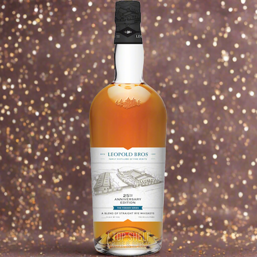 Leopold Bros 25th Anniversary Series Whiskey bottle featuring a blend of straight rye whiskies.