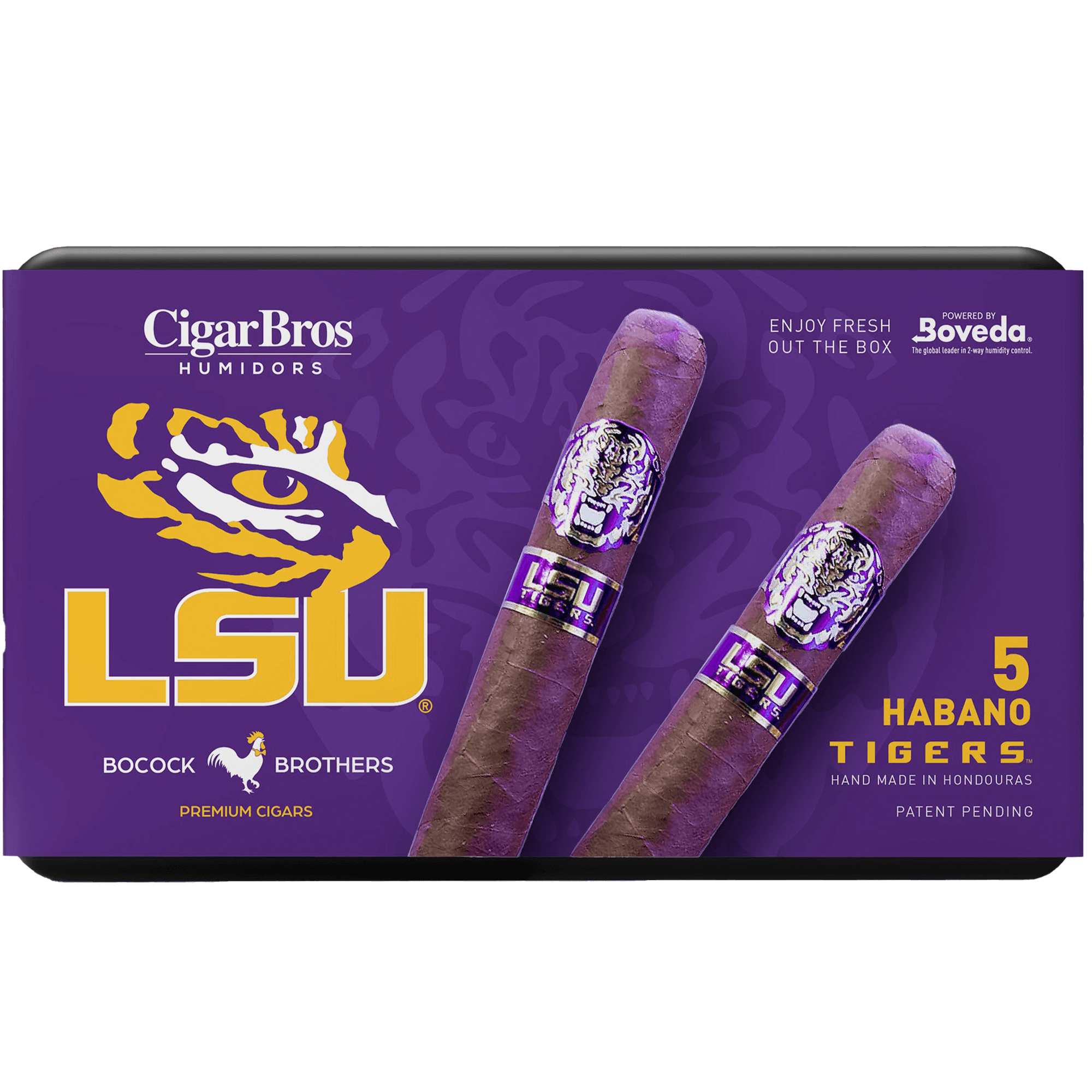 LSU cigars by CigarBros featuring Habano Toro, handcrafted premium cigars in a vibrant purple box.
