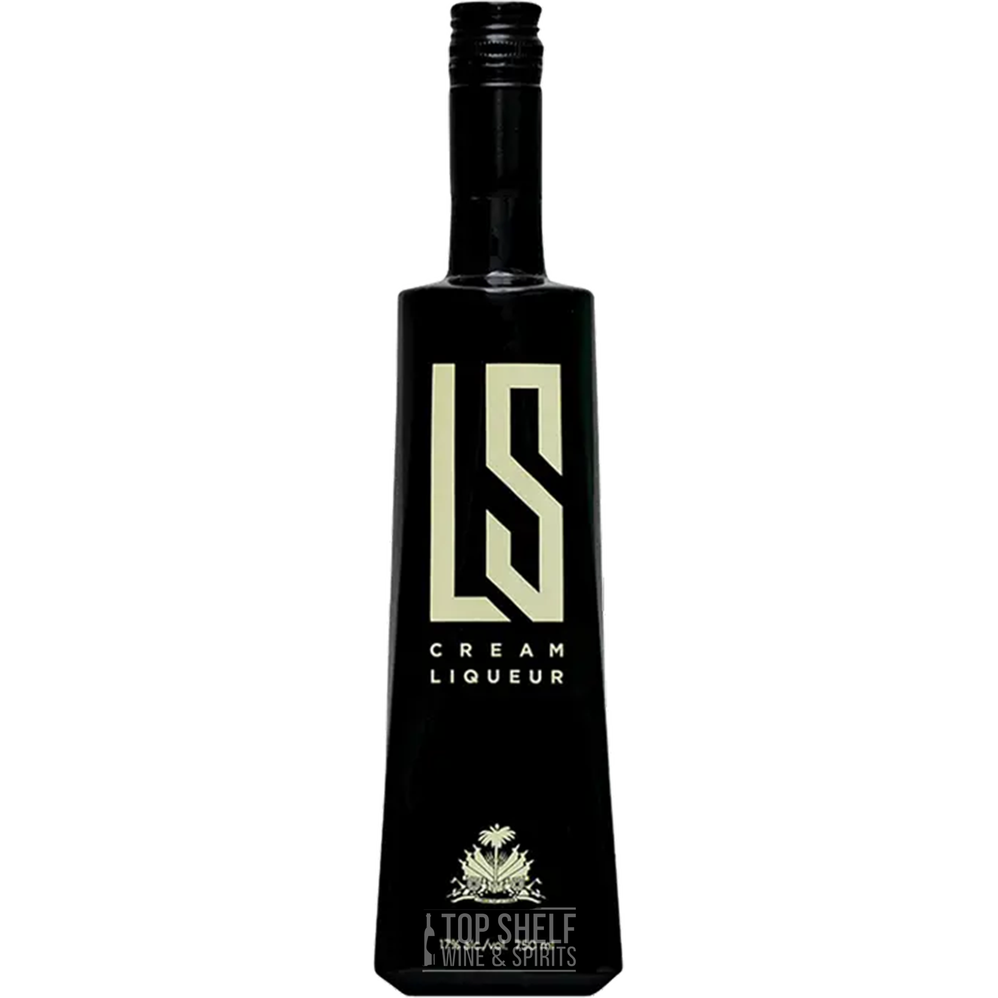 LS Cream Liqueur bottle featuring its elegant black design and logo, inspired by Haitian ancestral recipes.