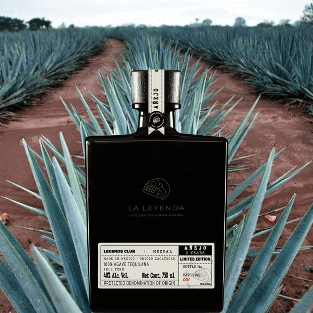 La Leyenda Mezcal Añejo bottle in agave field, showcasing its artisanal craftsmanship and unique flavor profile.