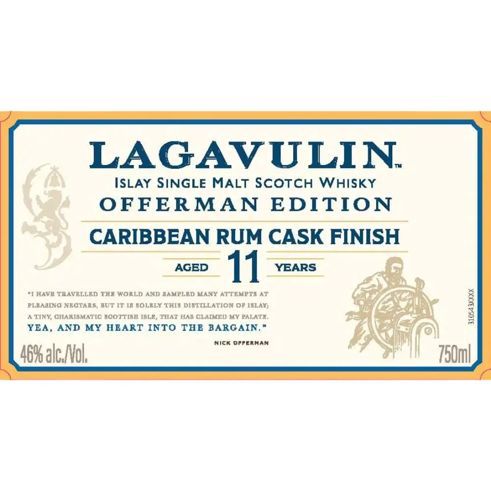 Label of Lagavulin Offerman Edition 11 Year Caribbean Rum Cask Finish Scotch Whisky, featuring unique design and details.