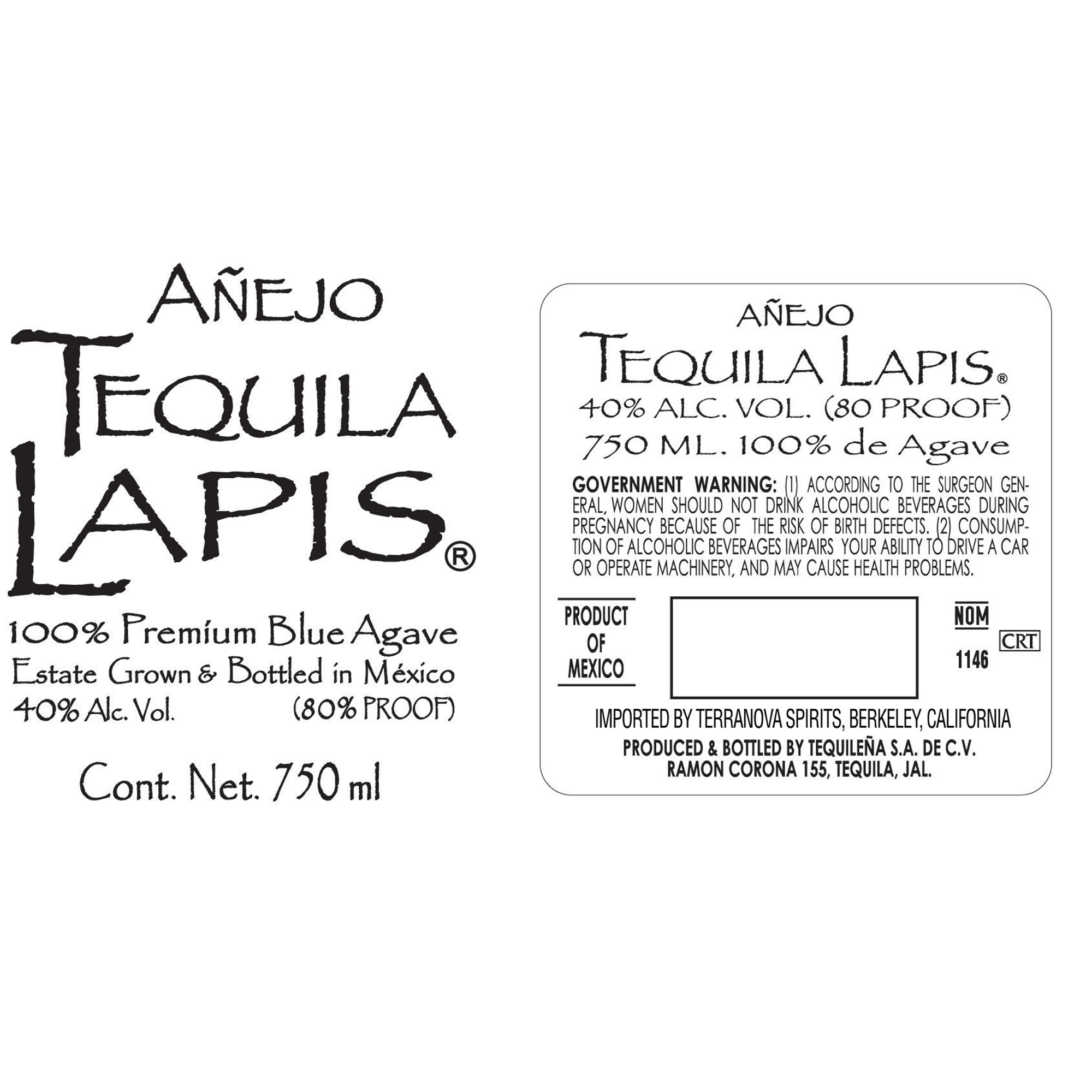 Lapis Añejo Tequila label showing 100% blue agave, 40% alc. vol, 750 ml bottle from Mexico.