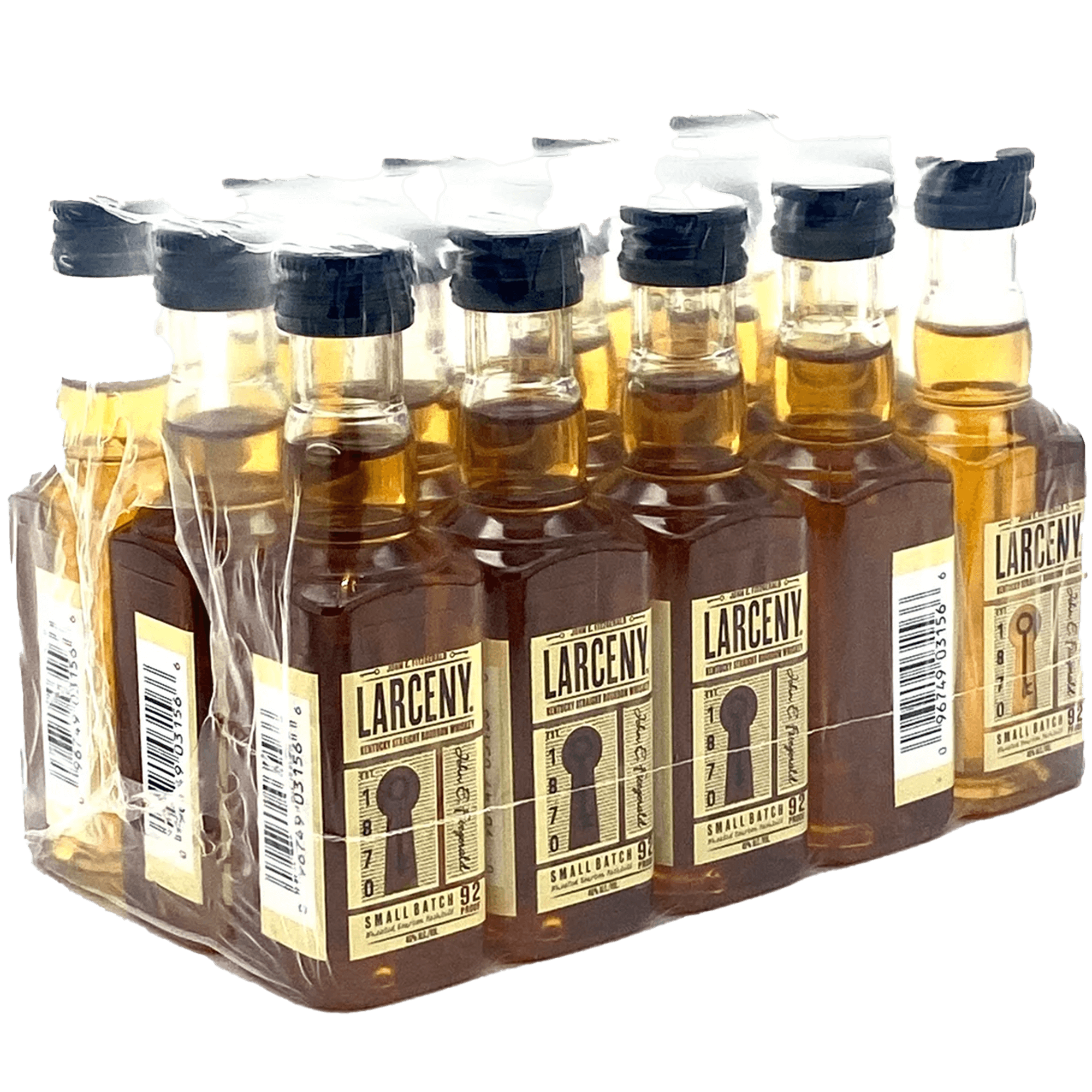 Larceny Small Batch Bourbon 50ml bottles in a 15-pack, showcasing a smooth wheated whiskey ideal for sipping.