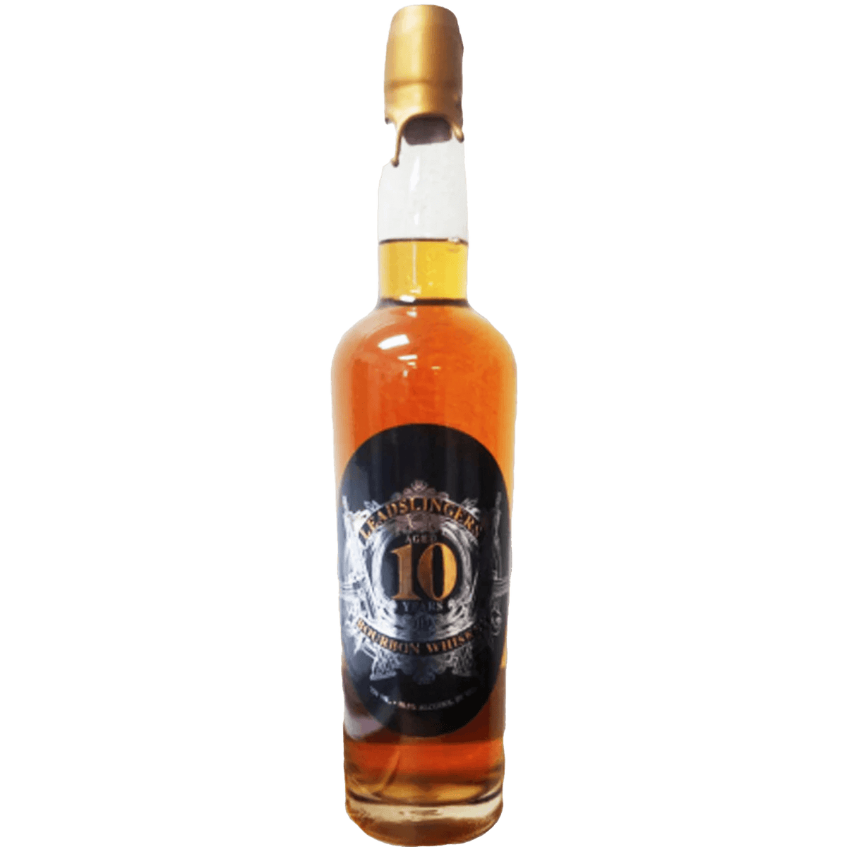 Leadslingers 10 Year Bourbon Whiskey bottle showcasing a rich amber color and bold label design.