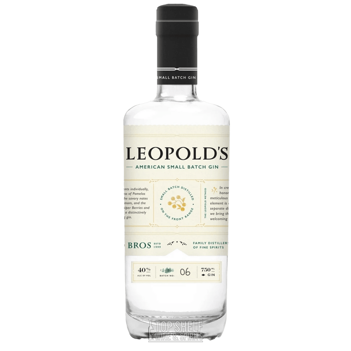Leopold's American Small Batch Gin bottle showcasing unique distillation and fresh ingredients.