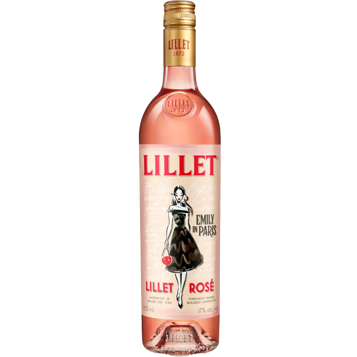 Lillet Aperitif Rosé Emily in Paris limited edition bottle with stylish label and illustration of a woman in chic attire.