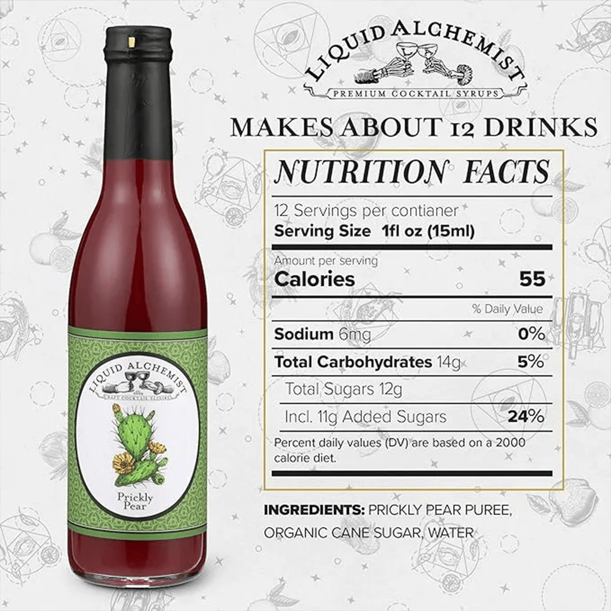 Liquid Alchemist Prickly Pear Syrup bottle with nutrition facts and serving information for cocktails.