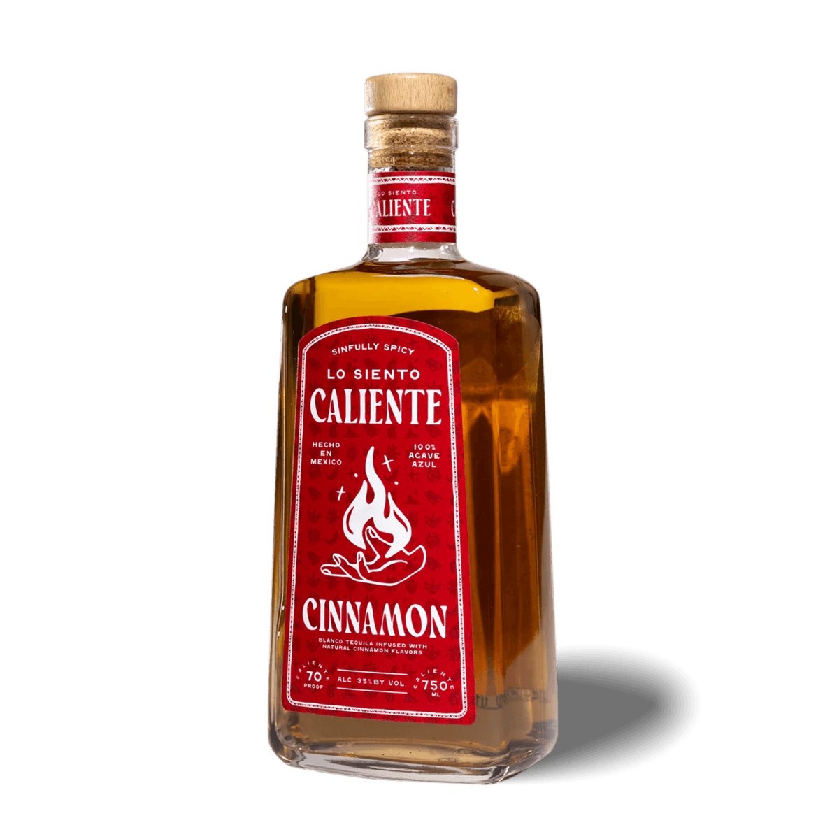 Lo Siento Caliente Cinnamon Blanco Tequila Liqueur bottle with red label and cork top.