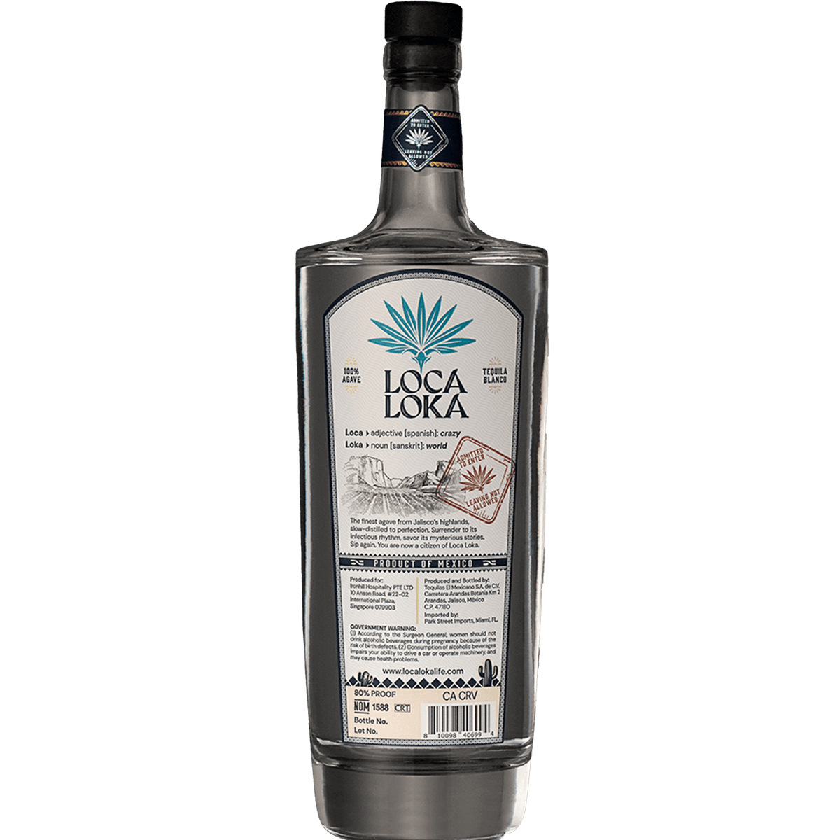 Loca Loka Blanco Tequila bottle showcasing unique fruity and floral flavors, 80 proof with agave detailing.