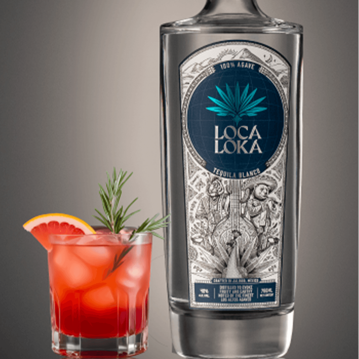Loca Loka Blanco Tequila bottle with a refreshing cocktail garnished with citrus and herbs.