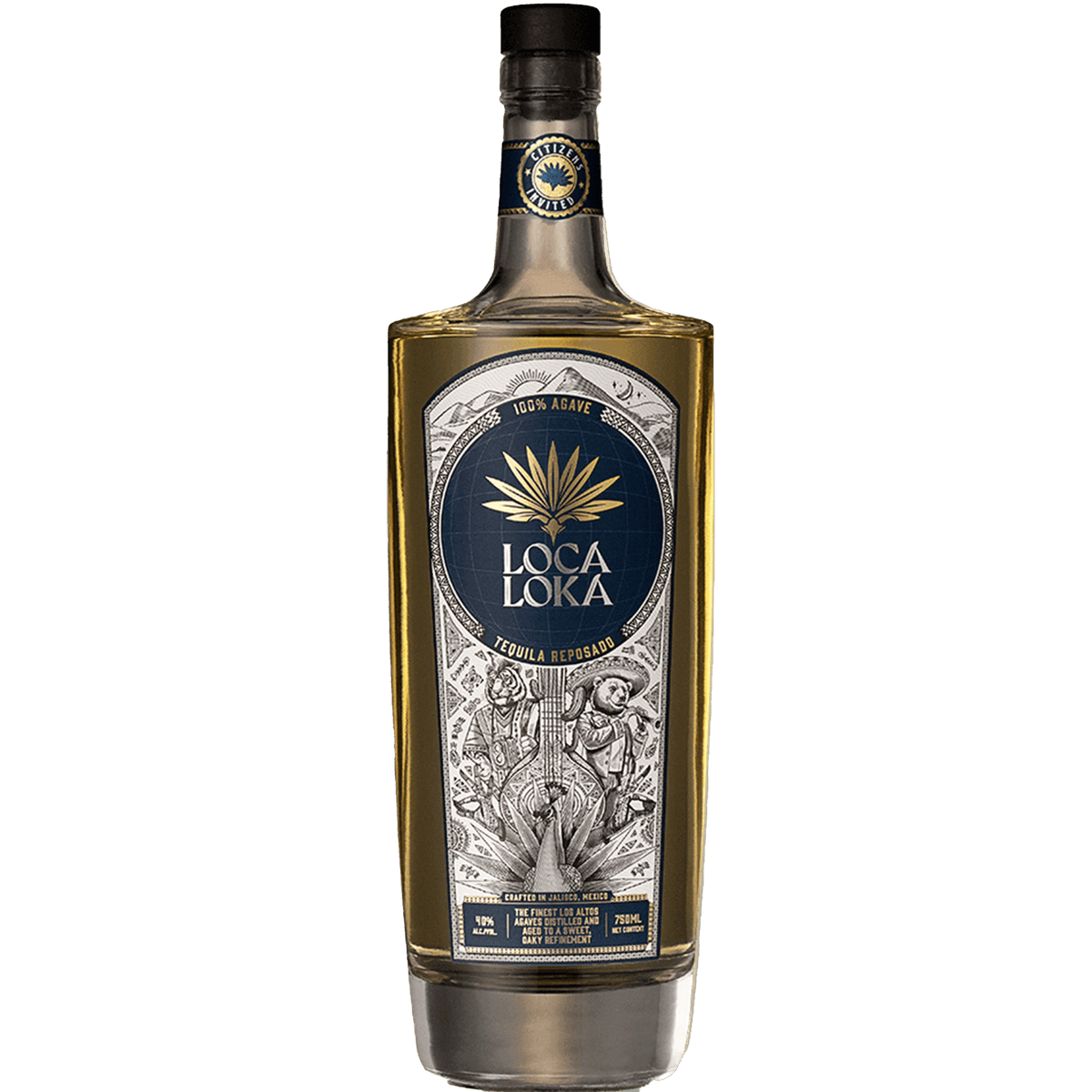 Loca Loka Reposado Tequila bottle showcasing rich aroma and flavors, aged under one year in oak barrels.