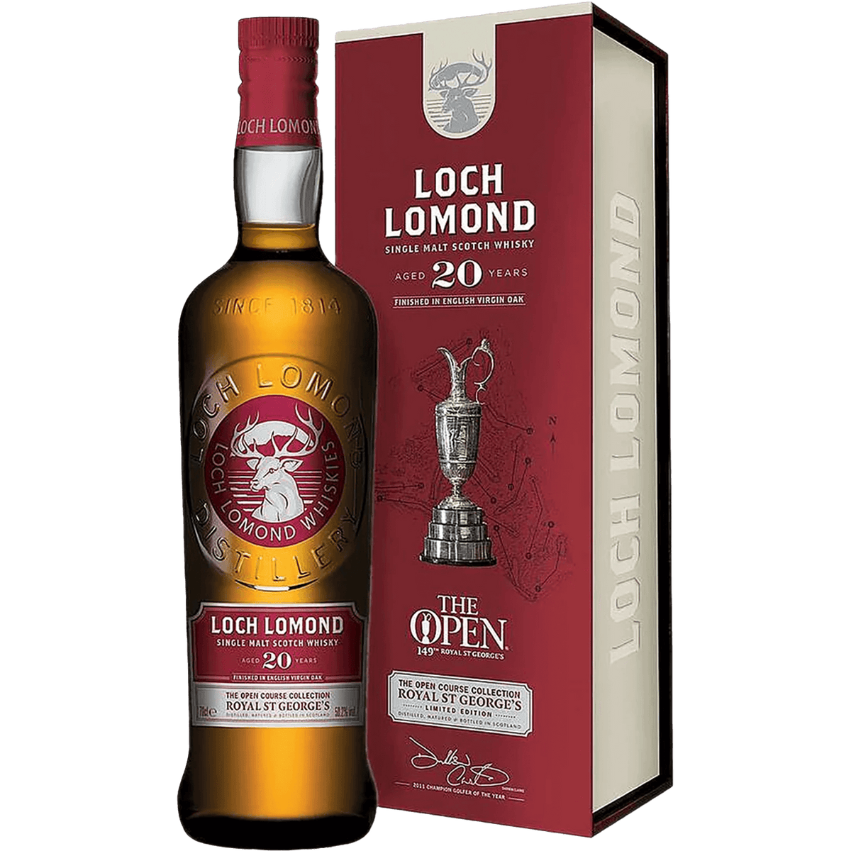 Loch Lomond 20 Year Old Scotch Whisky from The Open Course Collection, elegantly packaged with the trophy.