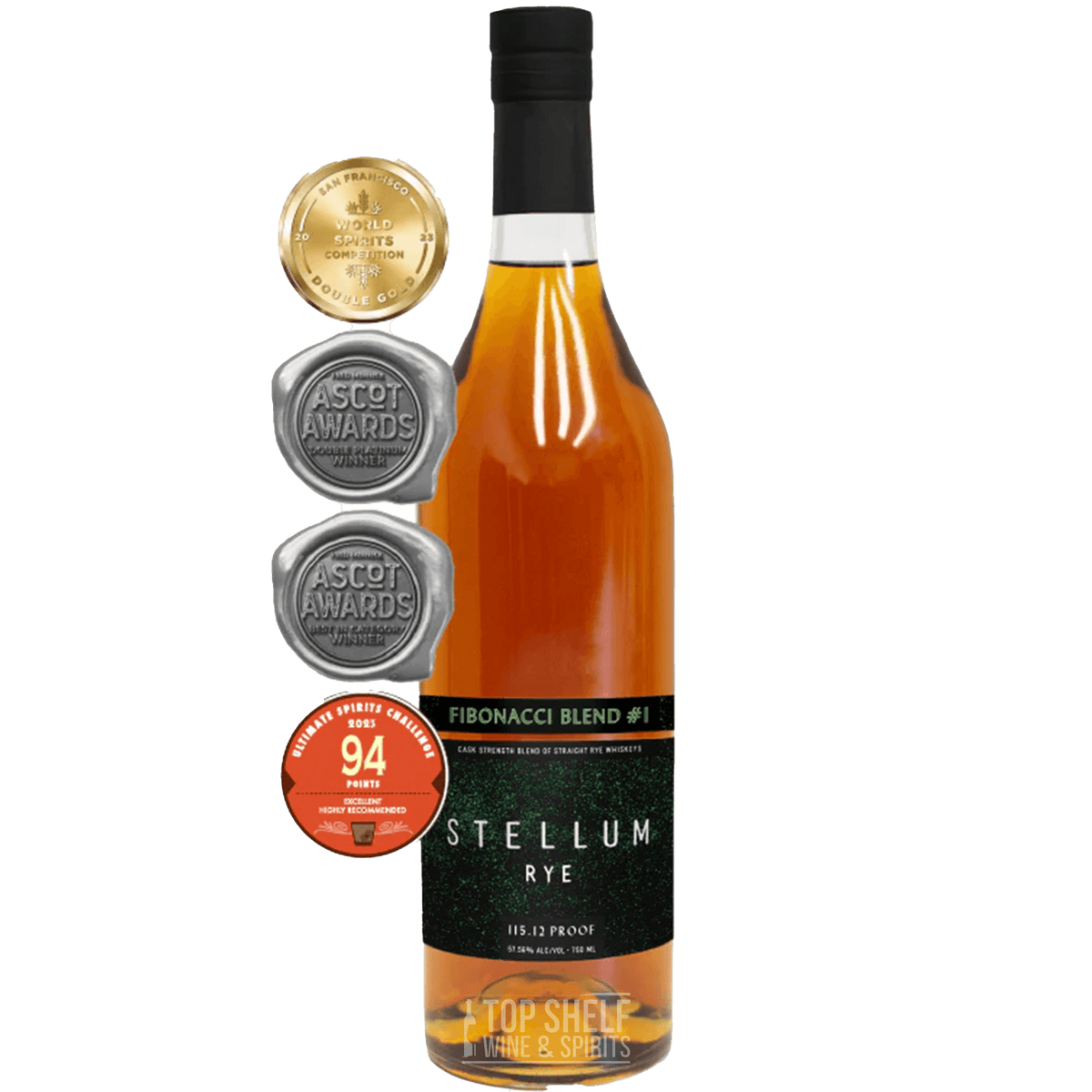 Stellum Fibonacci Blend #1 Cask Strength Rye whiskey bottle, deep copper color, award-winning with 115.12 proof.