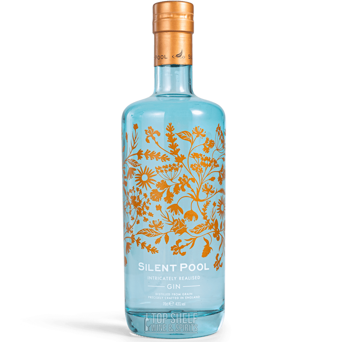 Bottle of Silent Pool Gin featuring intricate floral design, representing the essence of Surrey Hills.