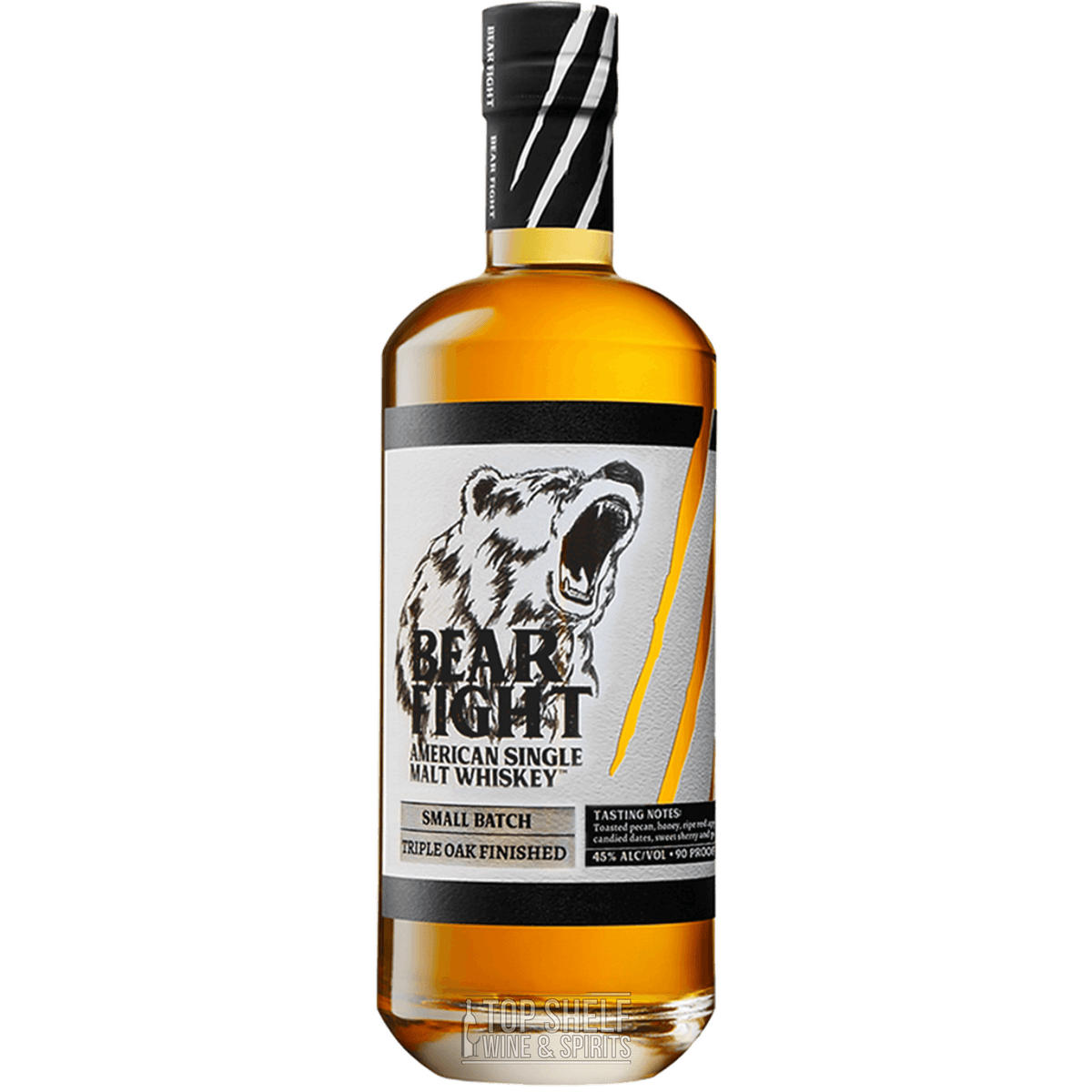 Bear Fight American Single Malt Whiskey bottle showcasing bold flavor, aged in first-fill bourbon casks and finished in sherry.