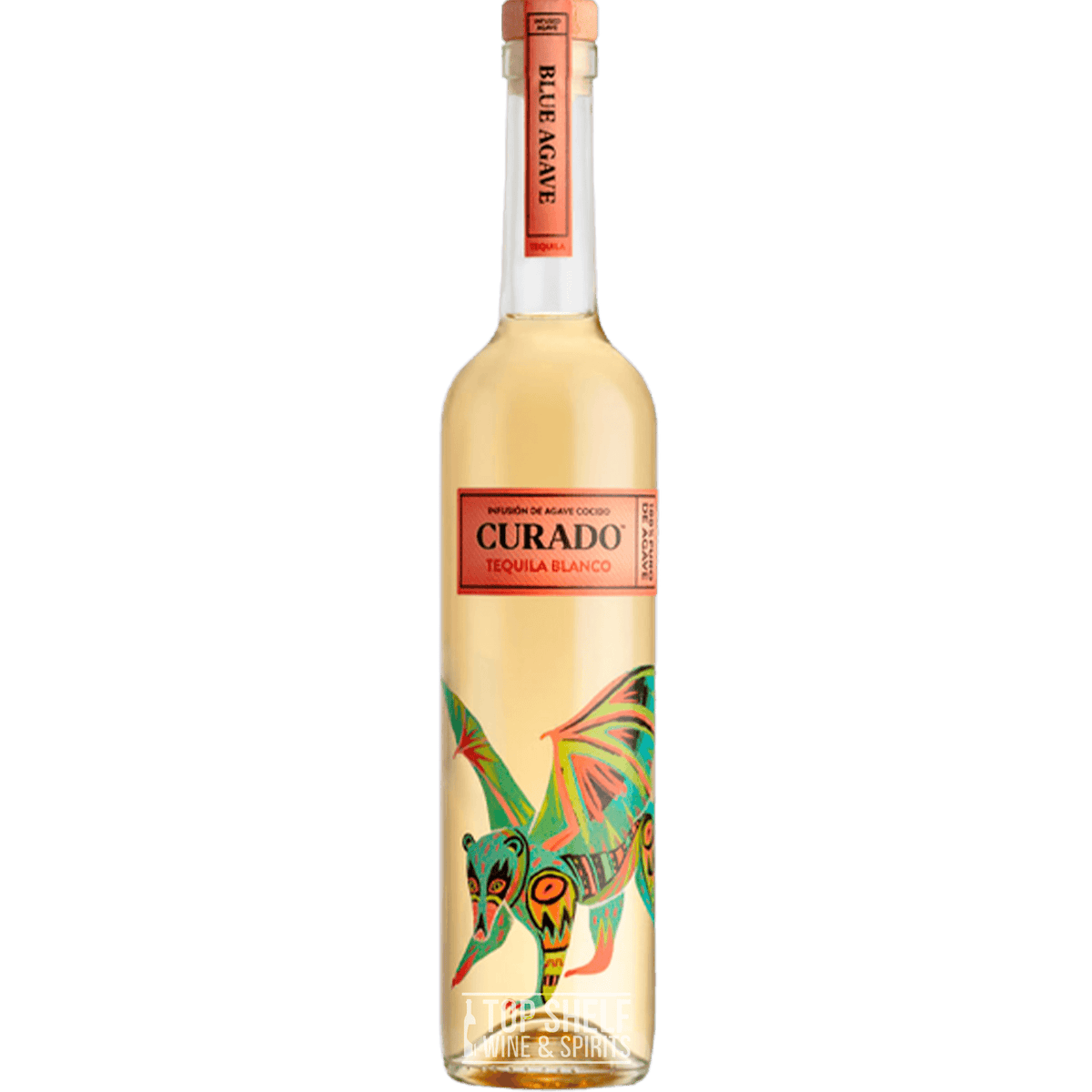 Curado Blue Agave Blanco Tequila bottle featuring colorful Tejón design, 100% agave from Jalisco, 80 proof.