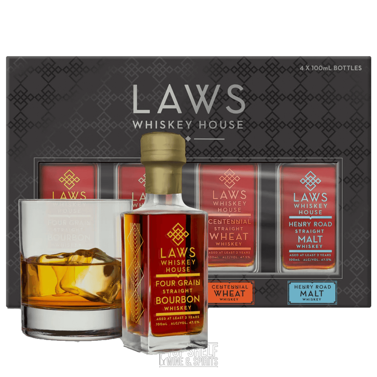 Laws Whiskey House Set of 4 pack (100ml) featuring Four Grain Bourbon, Centennial Wheat, and Henry Road Malt Whiskeys.
