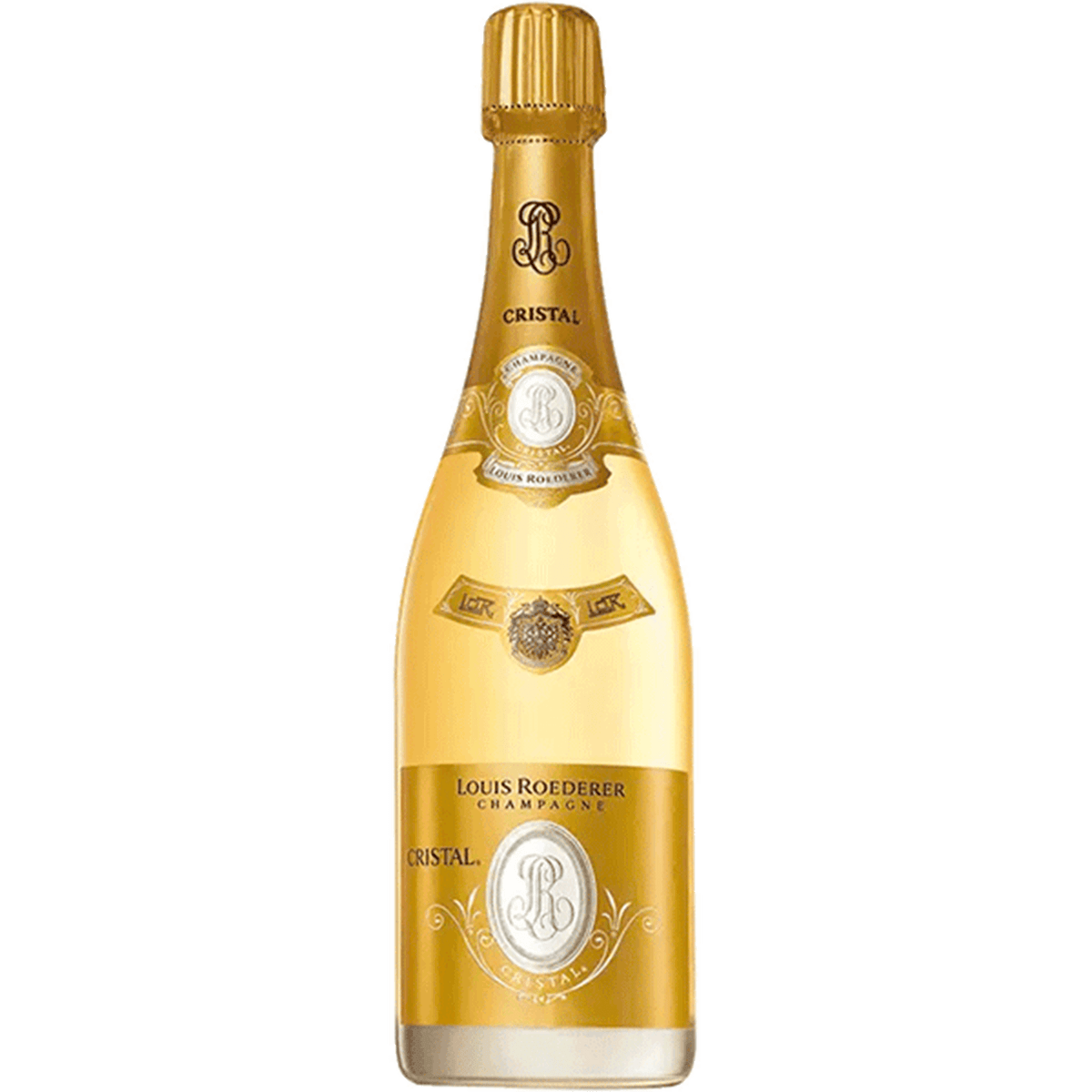 Louis Roederer Cristal 2016 champagne bottle featuring elegant golden design.