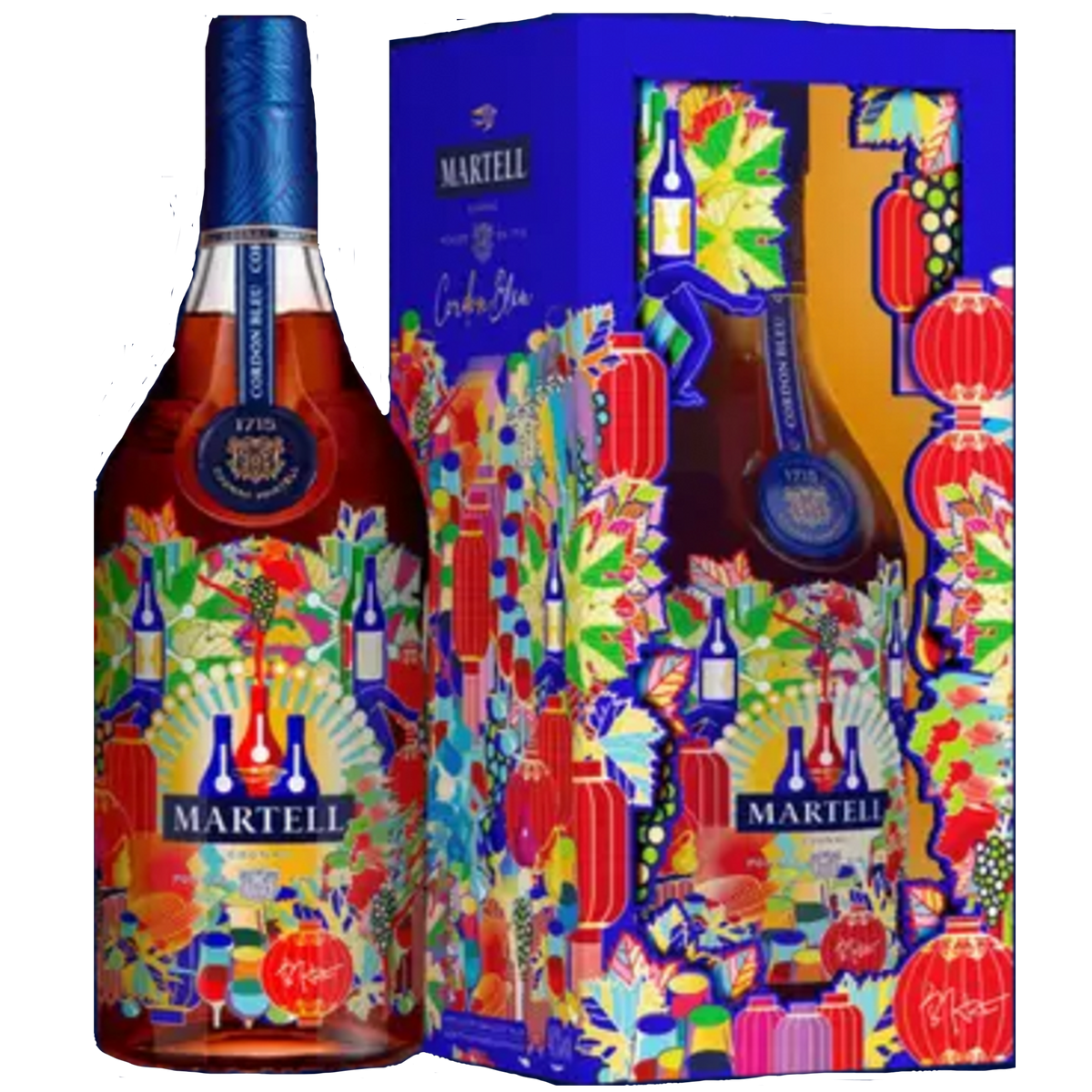 Limited-edition Martell Cordon Bleu Cognac bottle and festive packaging designed by Wu Jian’an for Lunar New Year 2025.