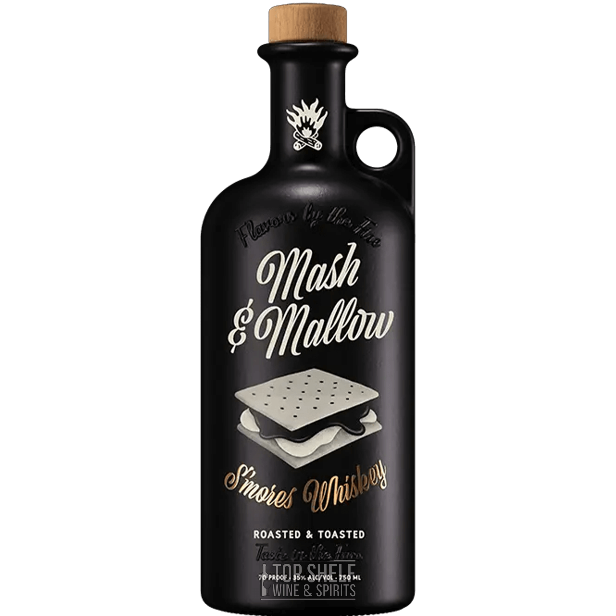 Mash & Mallow S'mores Whiskey bottle featuring roasted marshmallow and chocolate flavors, 750ml, 35% ABV.