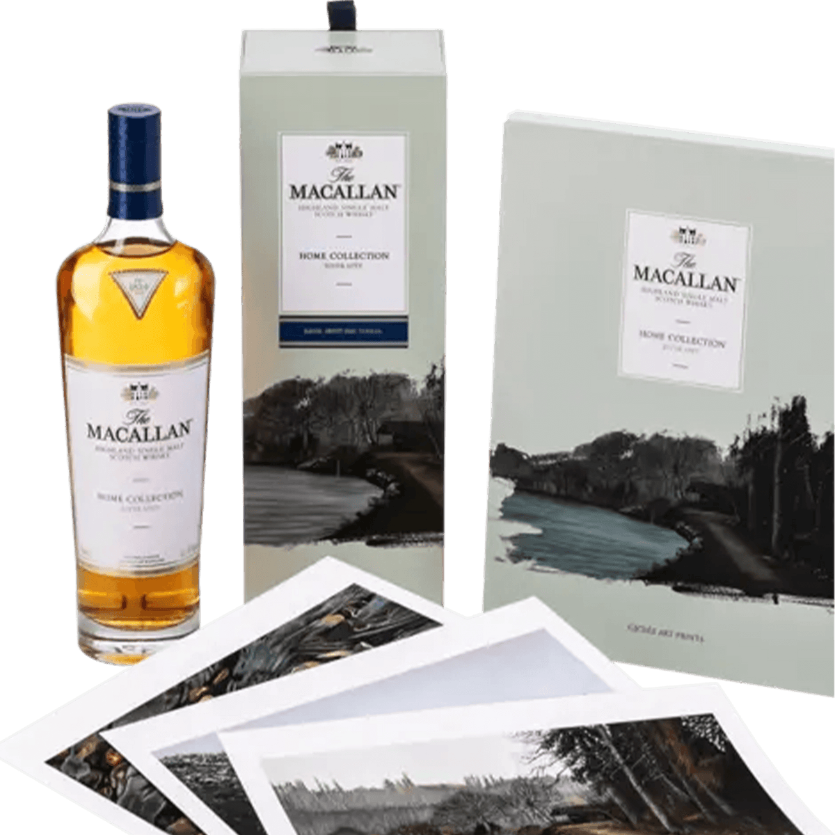 Macallan Home Collection River Spey Single Malt Scotch Whisky with packaging and prints showcasing its beauty and heritage.