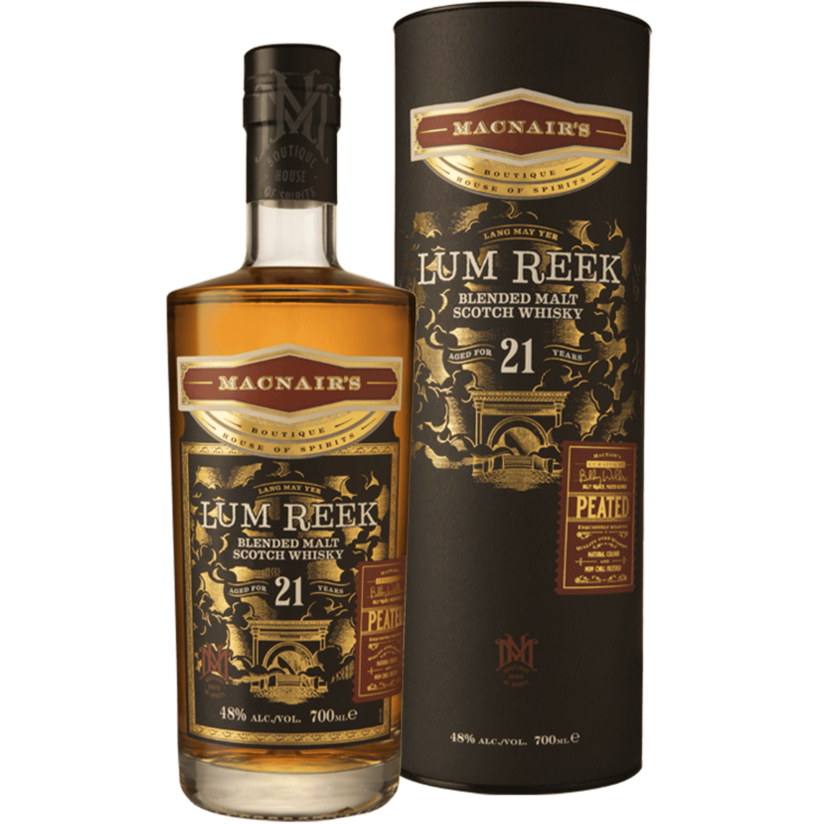 MacNair’s Lum Reek 21 Year Scotch Whisky bottle and packaging, blended malt from Islay and Speyside, 700ml.