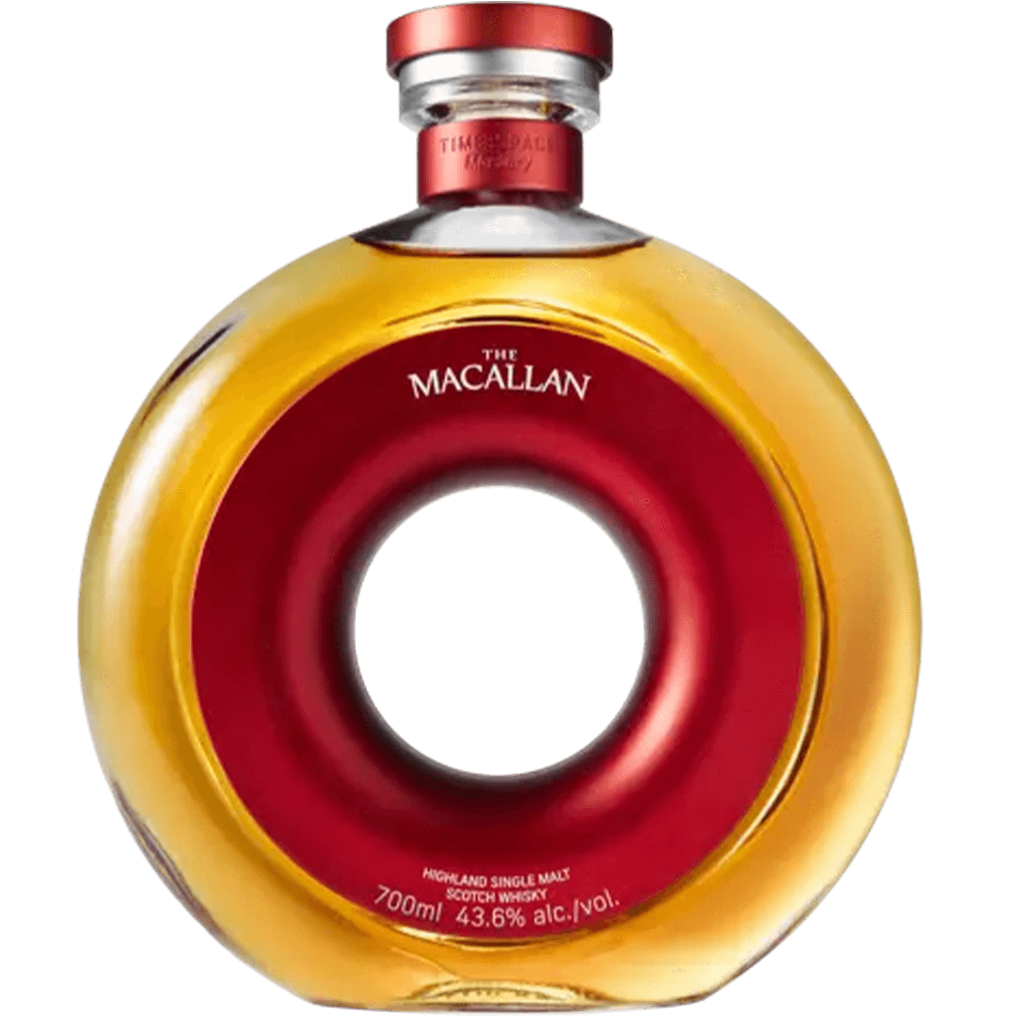 Macallan Time Space Mastery Single Malt Scotch Whisky 700ml in circular bottle, showcasing rich amber color and elegant design.