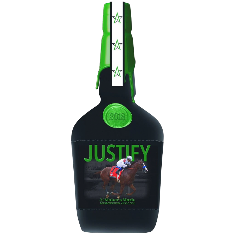 Maker's Mark Justify bourbon 2018 limited edition bottle with horse image commemorating Justify's Triple Crown victory.