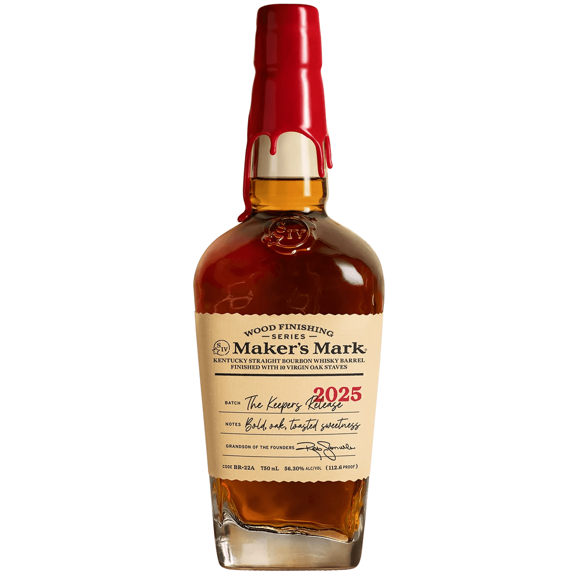 Maker's Mark The Keepers Release 2025 Bourbon bottle showcasing its rich amber color and distinctive red wax seal.