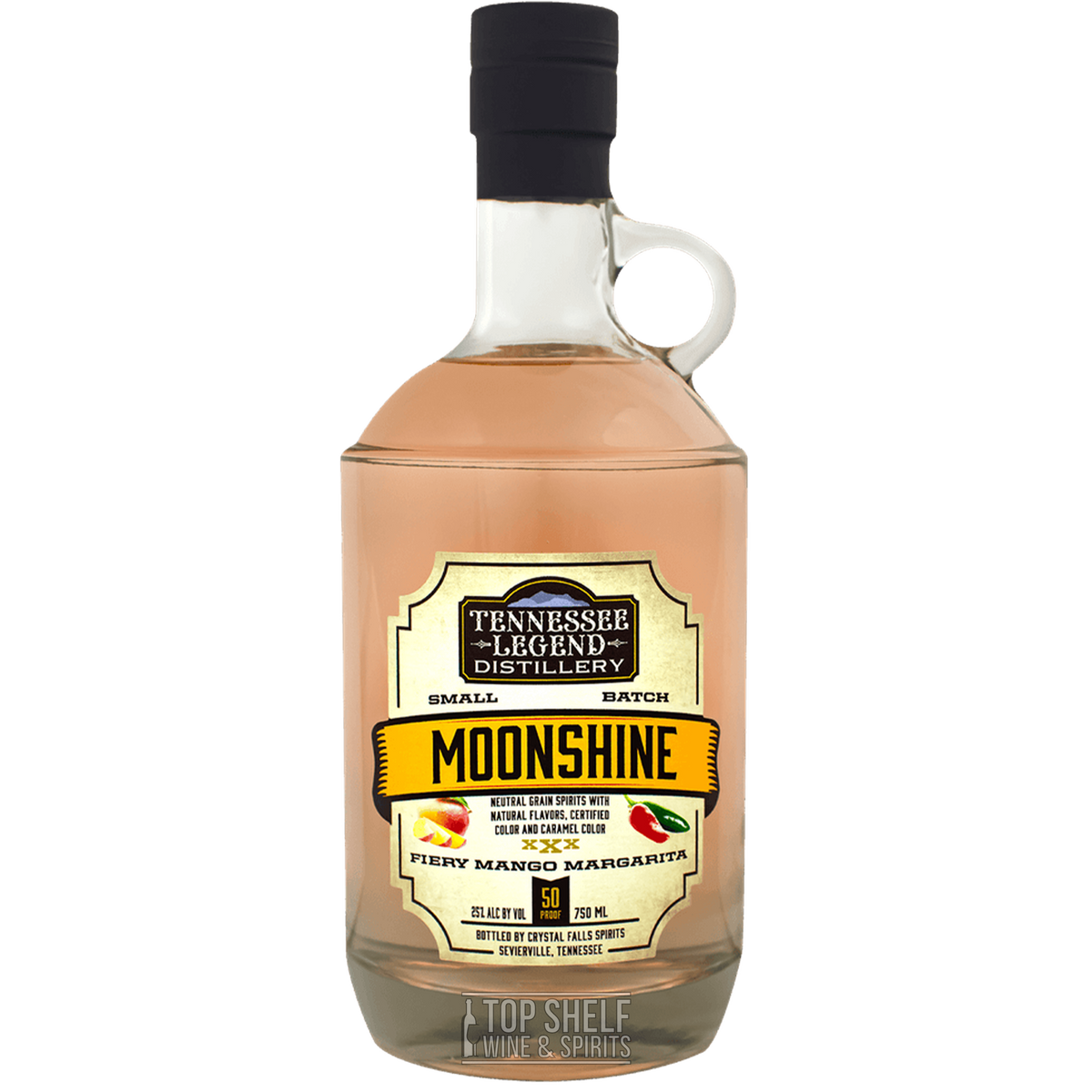 Tennessee Legend Fiery Mango Margarita Moonshine bottle, showcasing sweet mango and spicy jalapeño fusion, 50 proof.