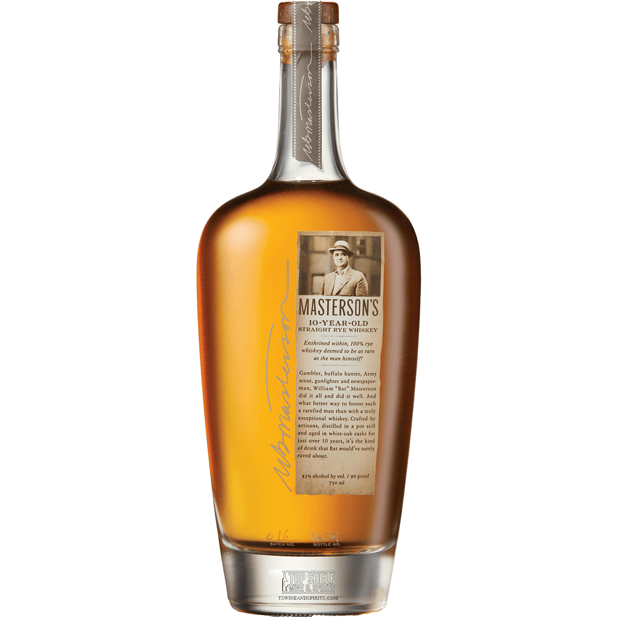 Masterson's 10 Year Straight Rye Whiskey bottle featuring its smooth amber liquid and vintage label details.