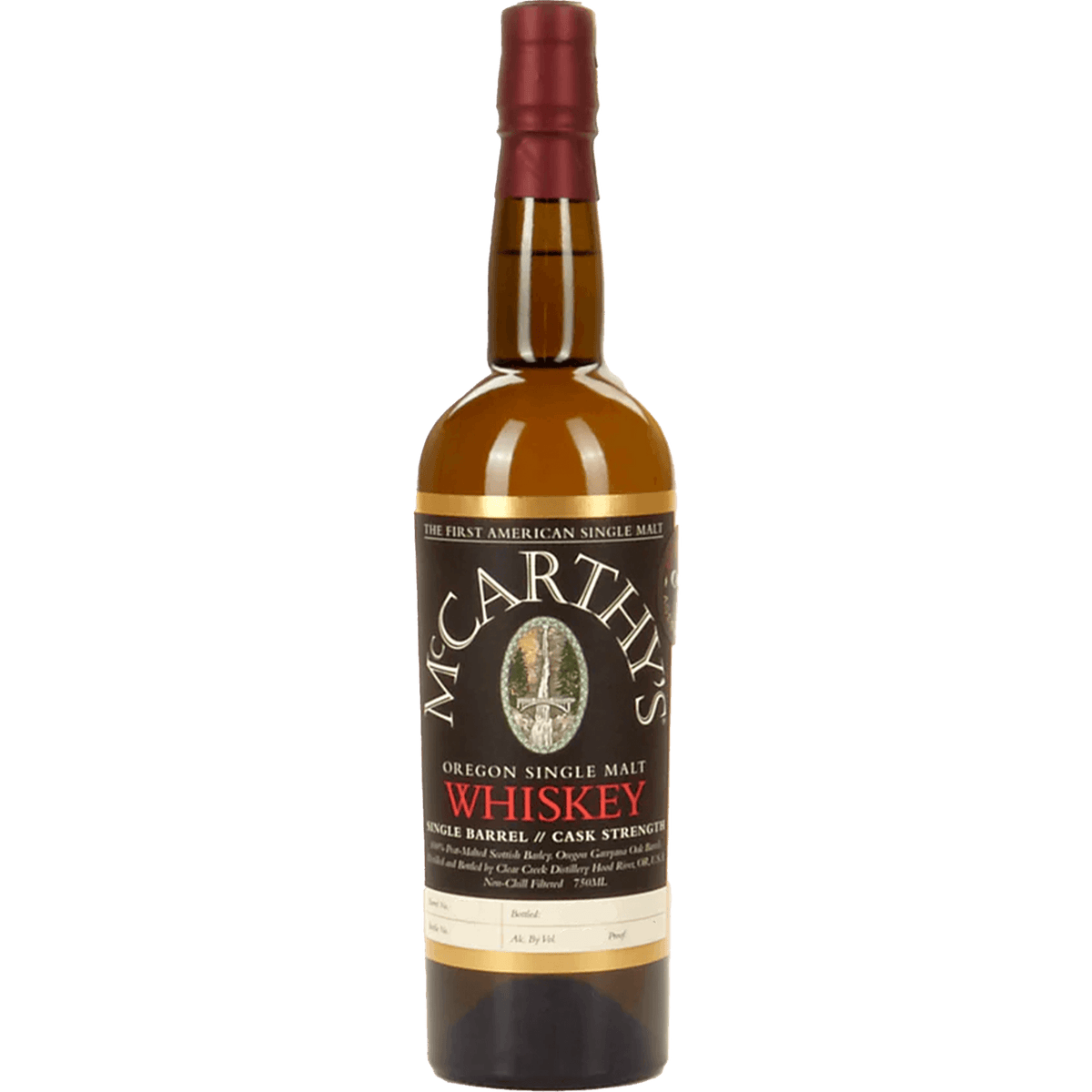 McCarthy's Single Barrel Cask Strength 6 Year Single Malt Whiskey bottle showcasing Oregon craft distilling.