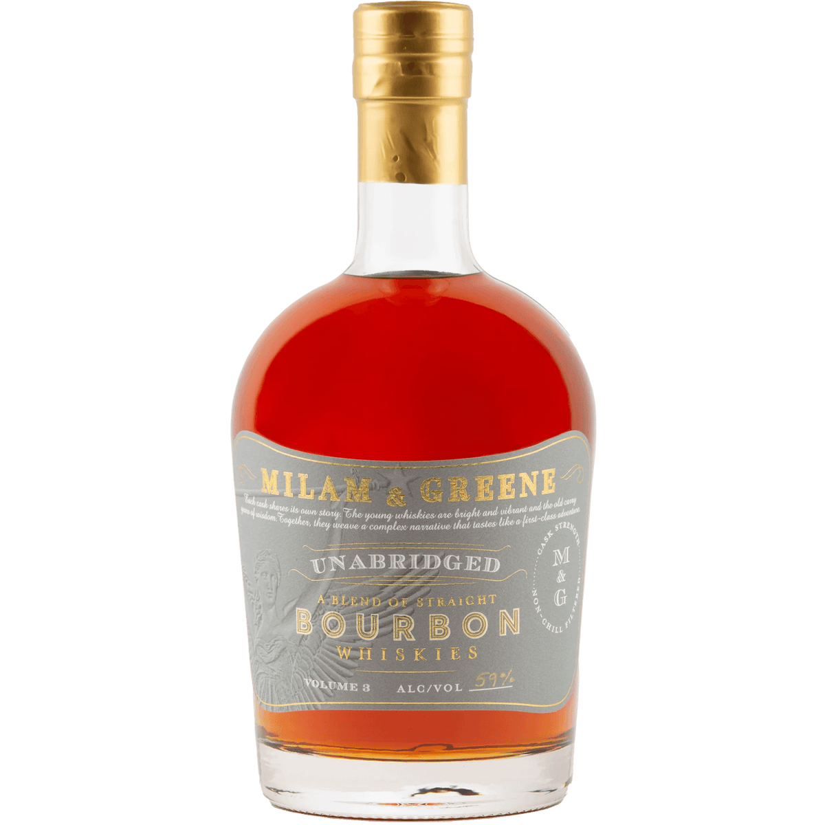 Milam & Greene Unabridged Volume 3 Straight Bourbon Whiskey bottle with elegant design and rich amber color.