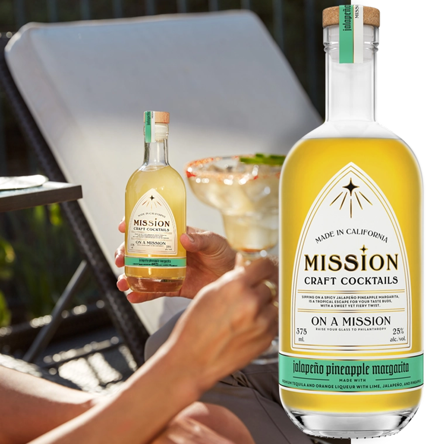 Two bottles of Mission Cocktails Jalapeño Pineapple Margarita, showcasing the refreshing drink with spicy twist.