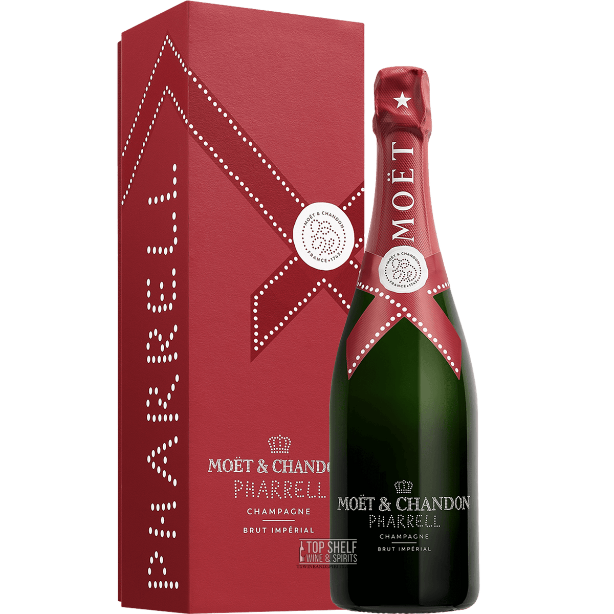 Limited edition Moët & Chandon Brut Impérial by Pharrell Williams in red packaging, perfect for celebrations.