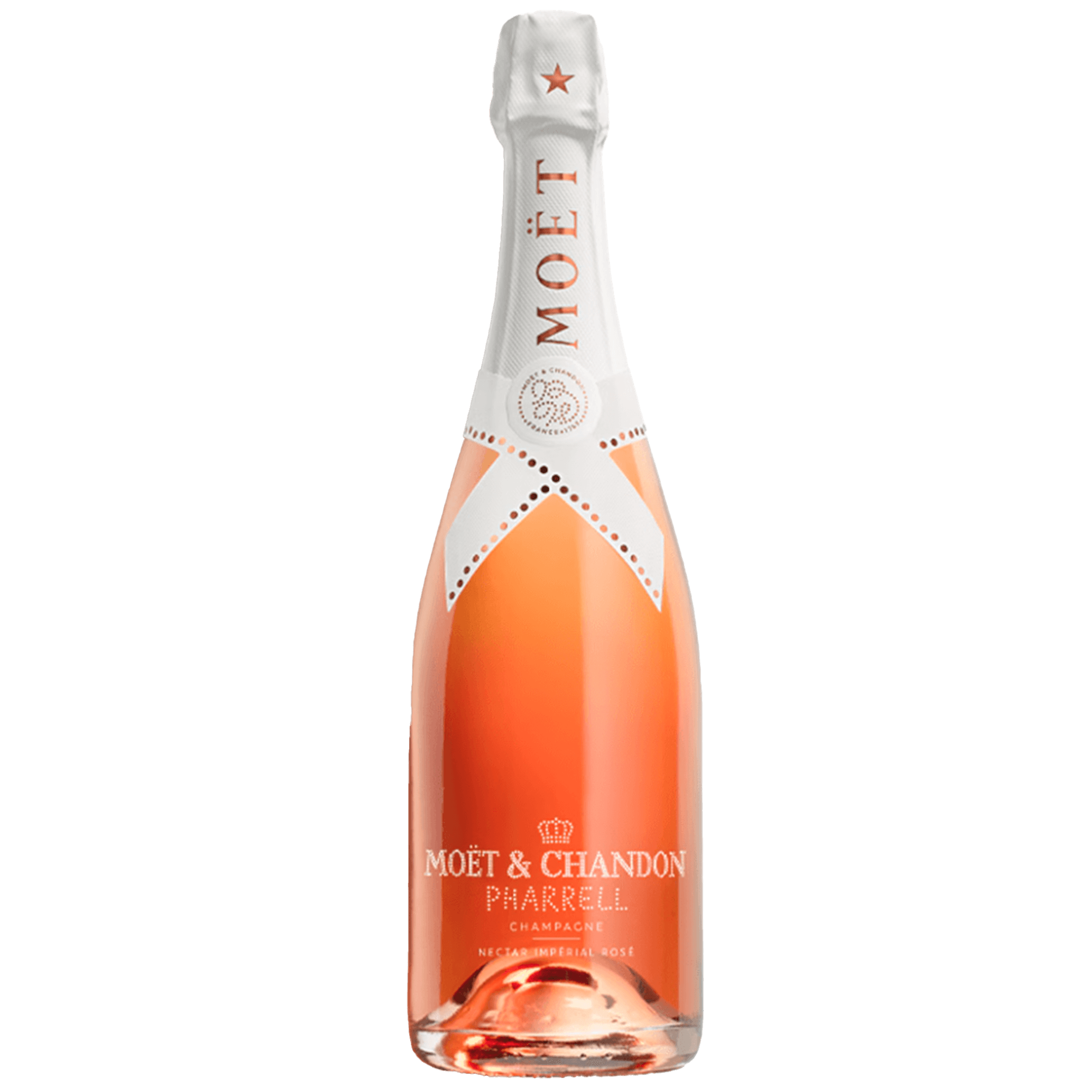 Moët & Chandon Nectar Impérial Rosé x Pharrell Williams limited edition champagne bottle in elegant design.