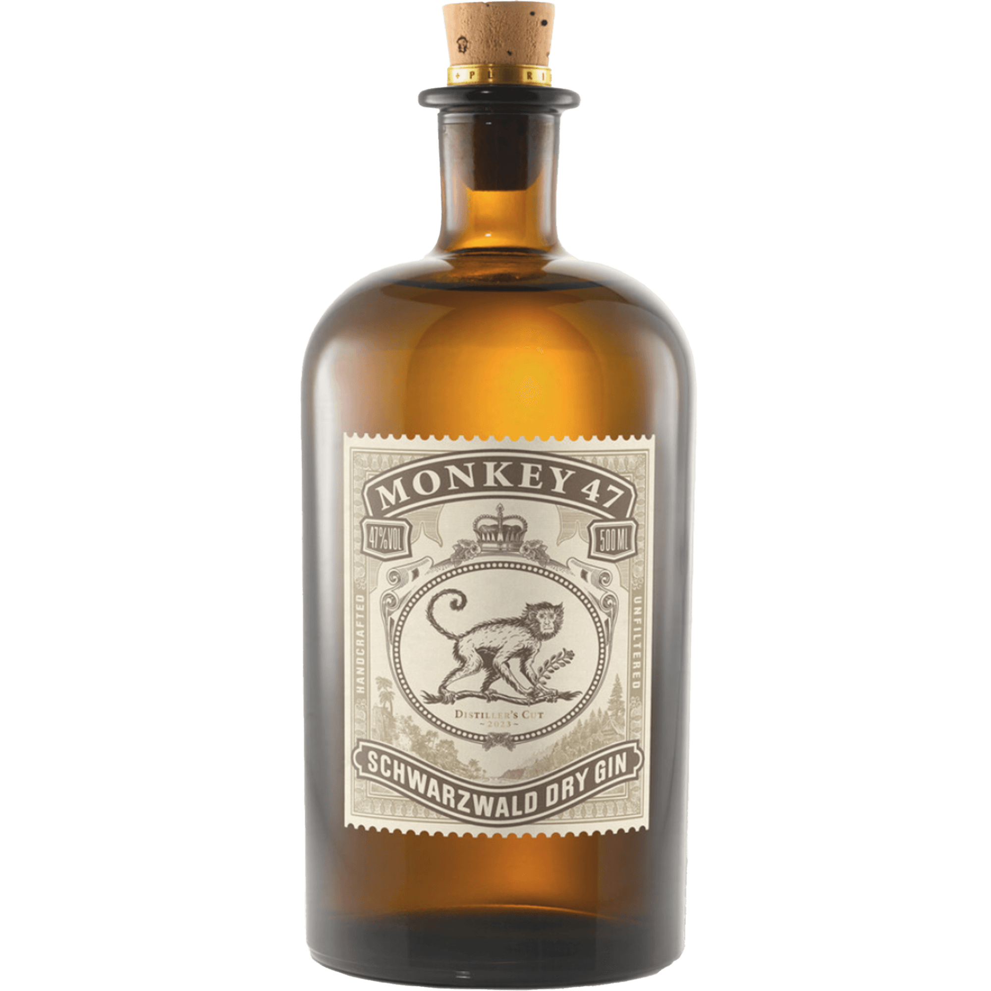 Monkey 47 Distillers Cut 2023 Gin 375ml bottle showcasing unique design and quality craftsmanship.