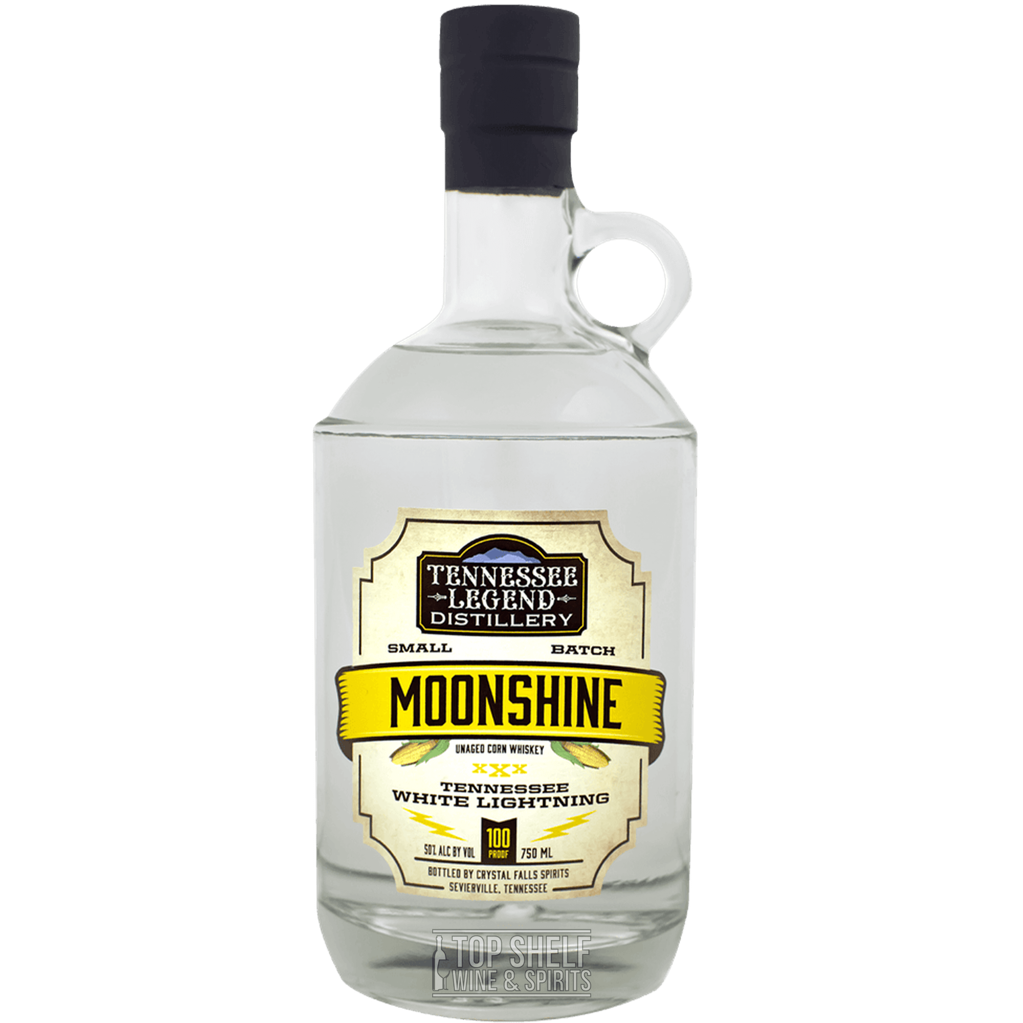 Tennessee White Lightning Moonshine bottle, 100 proof, small batch whiskey with traditional backwoods flavor.