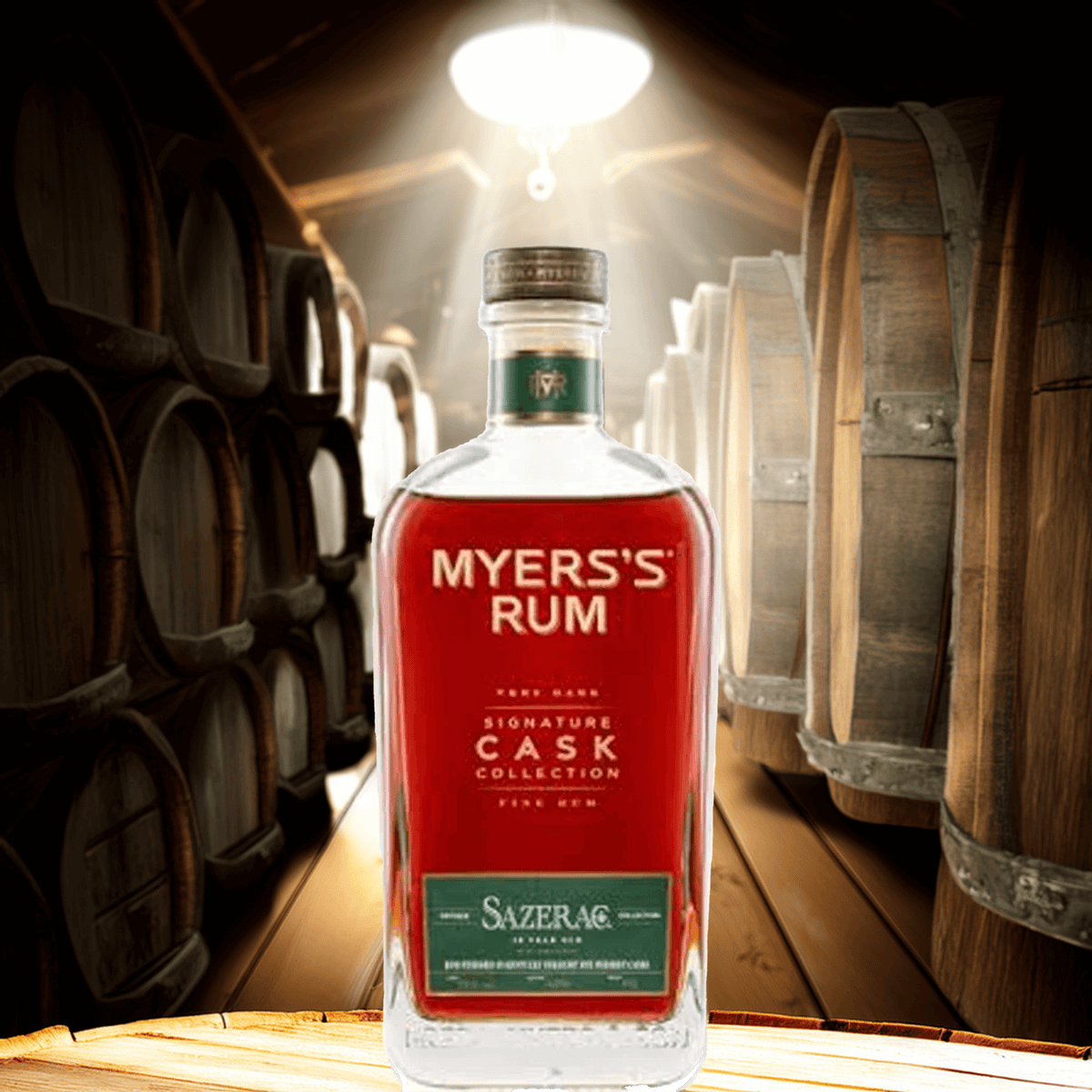 Myers's Rum Signature Cask Collection finished in Sazerac Rye 18 Year whiskey barrels, set in a rustic barrel room.